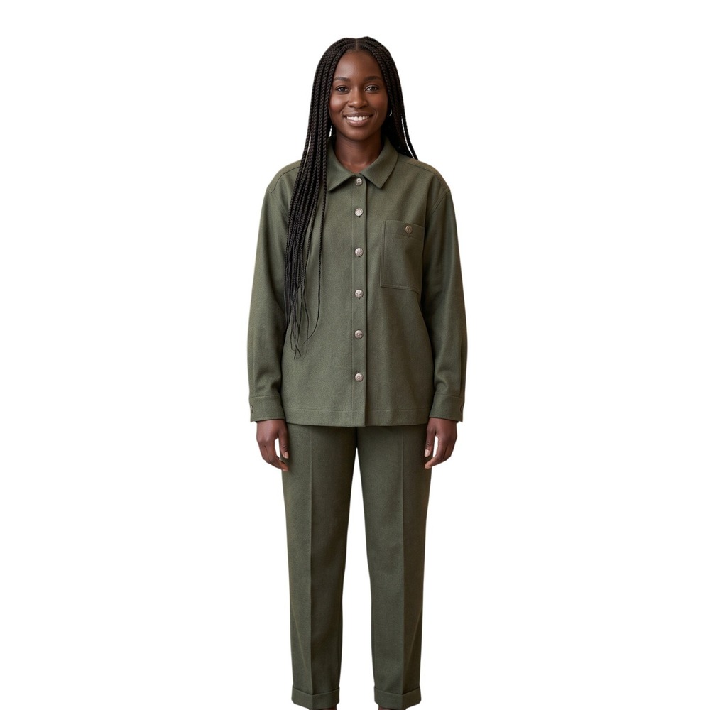 Vintage 70s Lore Maria Wiener Olive Wool 2pc Suit Jacket Size 12 & Pants Size 14